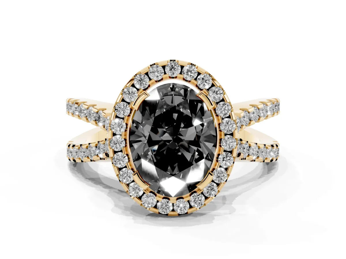 Fancy Black Oval Cut Diamond Halo Ring with Split Shank Pavé Band and Prong Setting Yellow gold