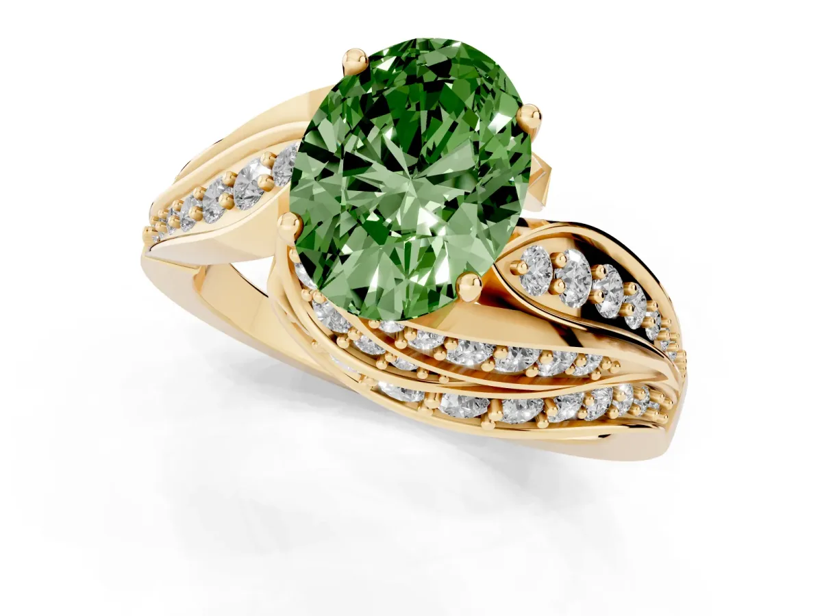 Fancy Green Oval Cut Diamond Solitaire Ring with Prong Setting and Twisted Pavé Band Yellow gold