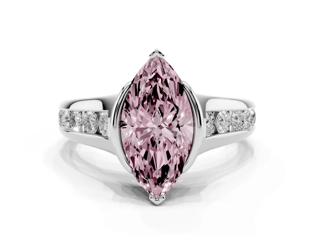 Fancy Pink Marquise Cut Solitaire Bezel-Set Diamond Ring with Channel-Set Band Silver