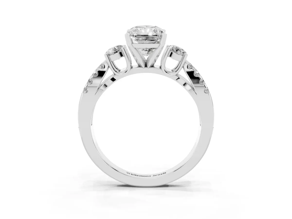 Radiant Cut Diamond Three-Stone Ring with Pavé Split Shank and Four-Prong Setting Silver