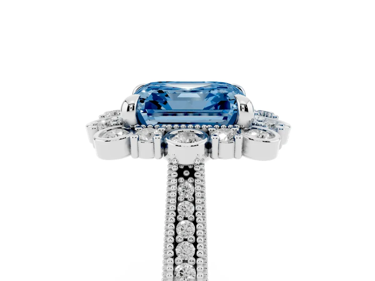 Fancy Blue Asscher Cut Halo Milgrain Pave Diamond Ring with Four-Prong Setting Silver
