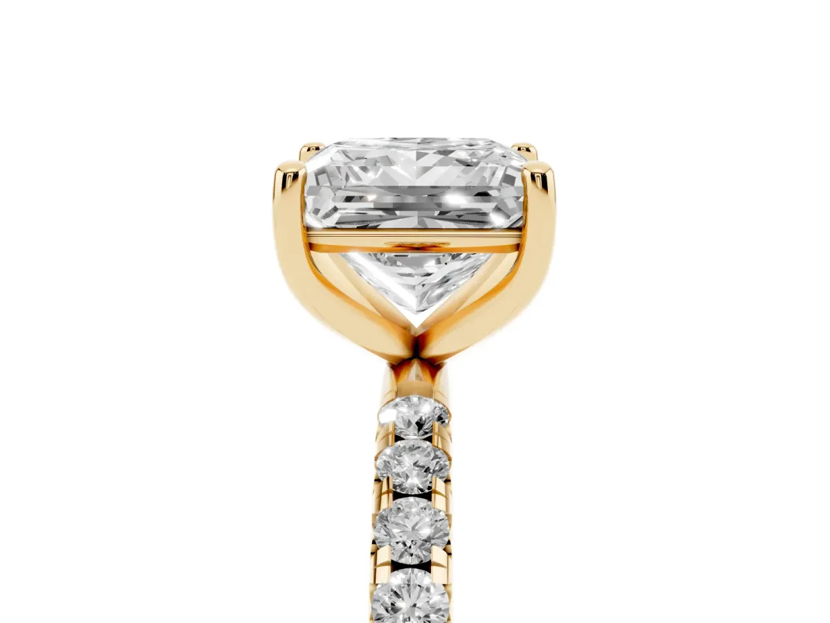 Princess Cut Cut Diamond Solitaire Ring with Micro Pave Band and Four Prong Setting Yellow gold