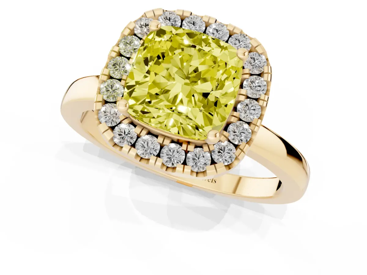 Fancy Yellow Cushion Cut Halo Diamond Solitaire with Pavé Band and Four-Prong Setting Yellow gold