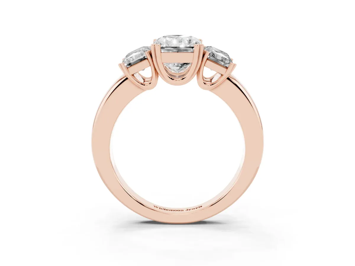 Three-Stone Radiant Cut Cut Diamond Ring with Channel Set Band and Four-Prong Setting Rose gold