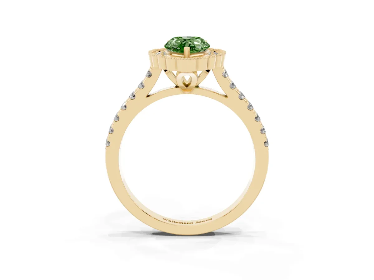 Fancy Green Pear Cut Cut Diamond Milgrain Floral Halo Engagement Ring with Pavé Band Yellow gold