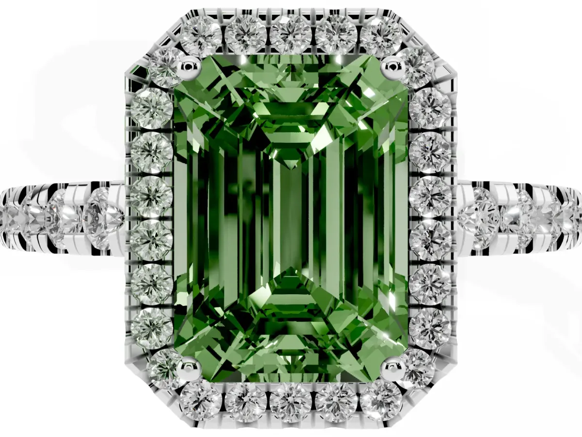 Fancy Green Emerald Cut Diamond Halo Ring with Pavé Band and Four-Prong Setting Platinum