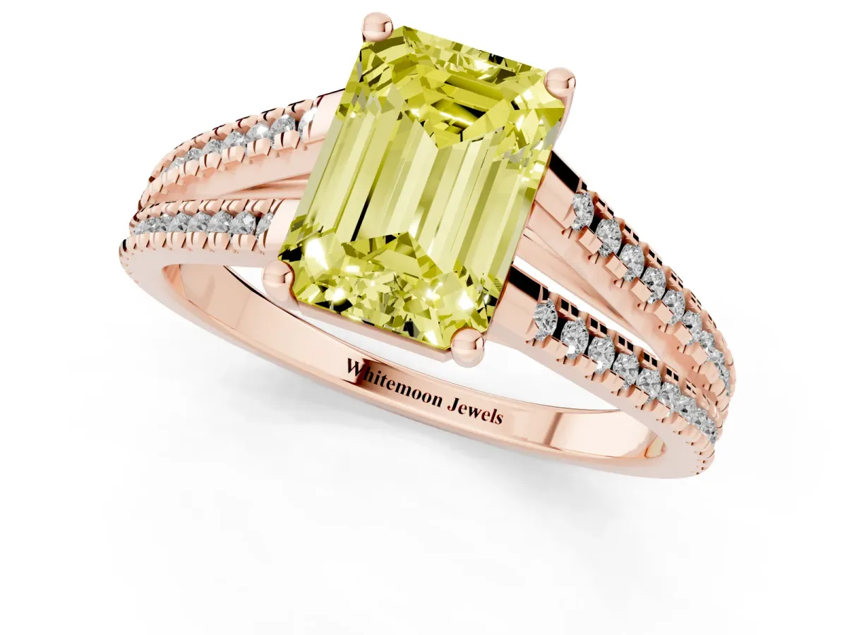 Fancy Yellow Emerald Cut Diamond Solitaire Engagement Ring with Split Shank Pavé Band Rose gold
