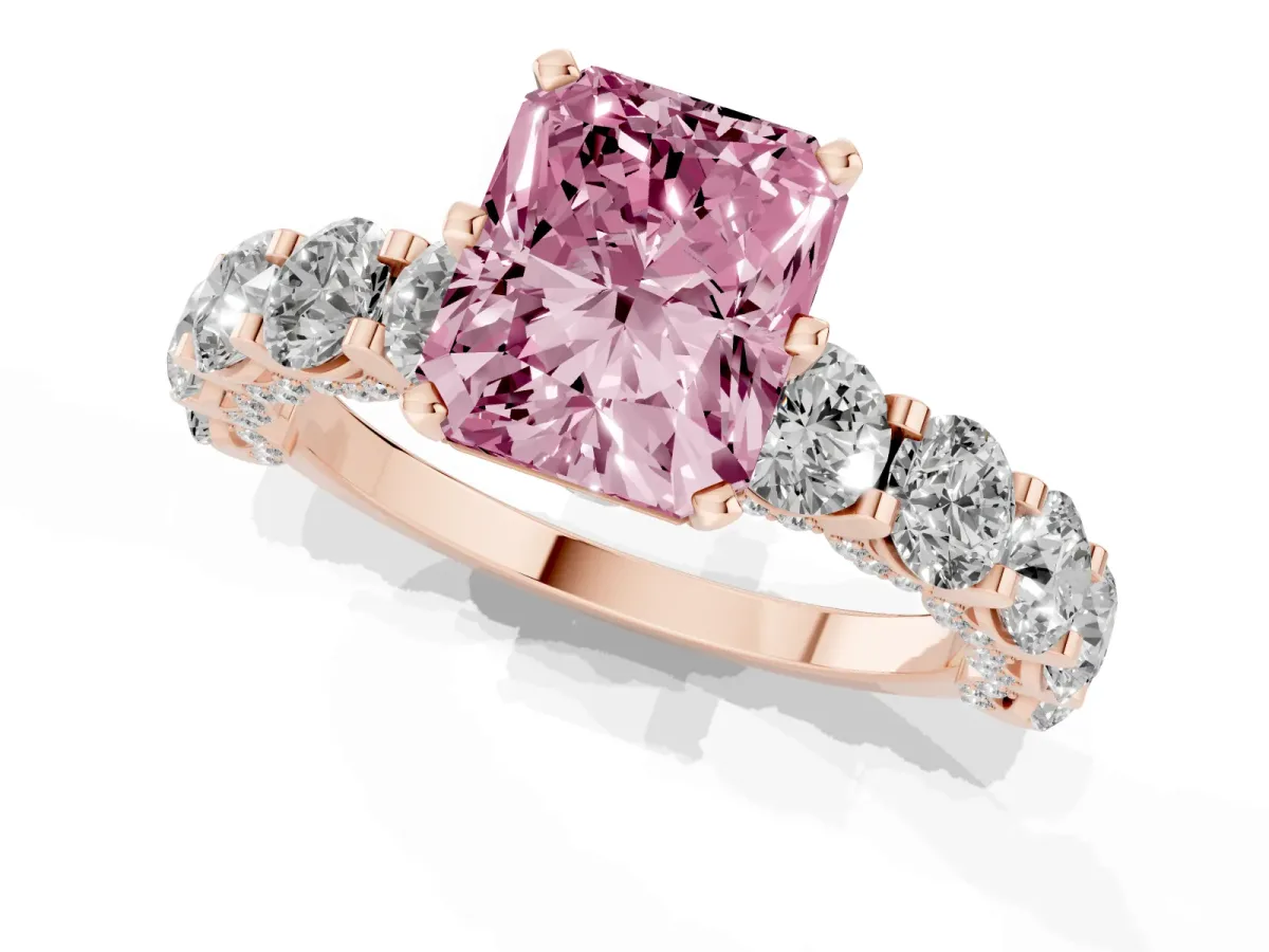 Fancy Pink Radiant Cut Diamond Side Stone Engagement Ring with Four-Prong Setting Rose gold