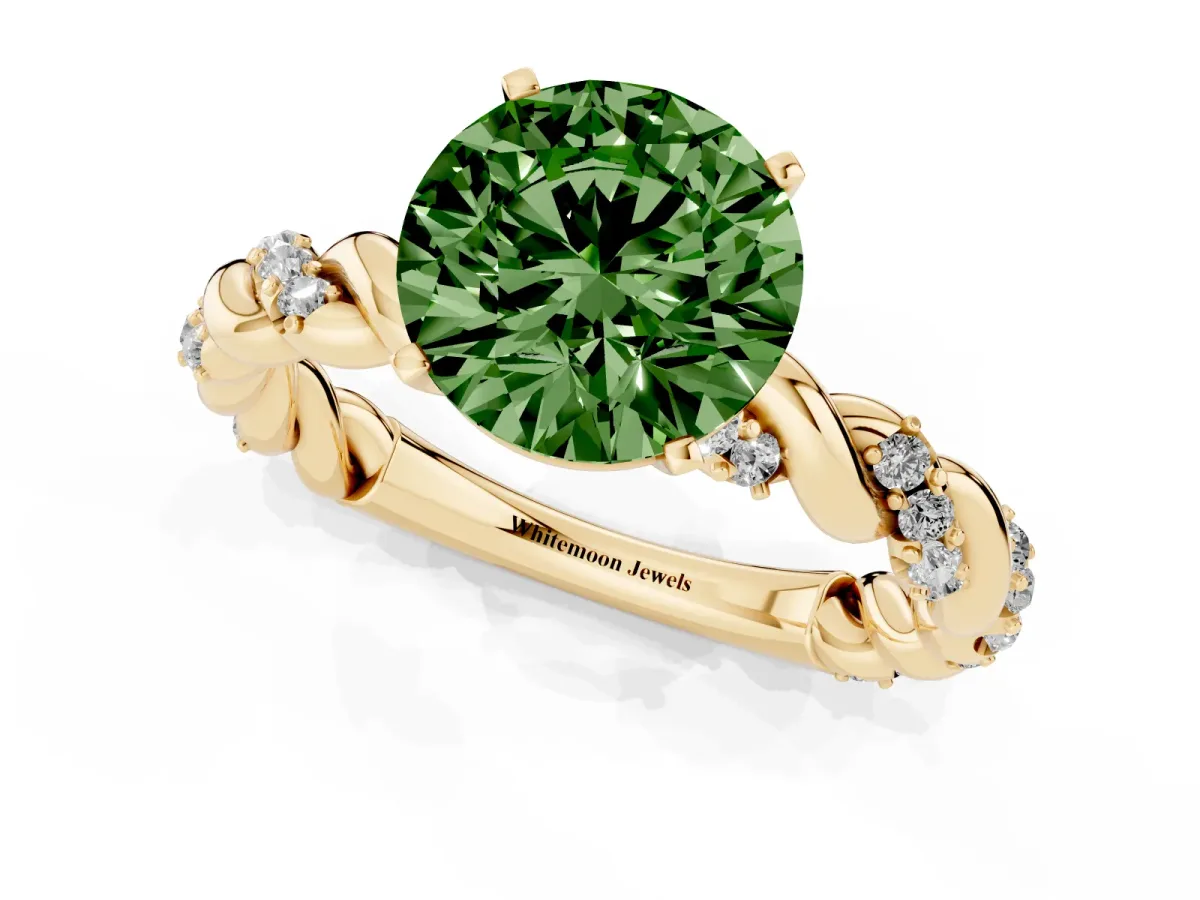 Fancy Green Round Cut Diamond Solitaire Ring with Twisted Band and Pavé Accents Yellow gold