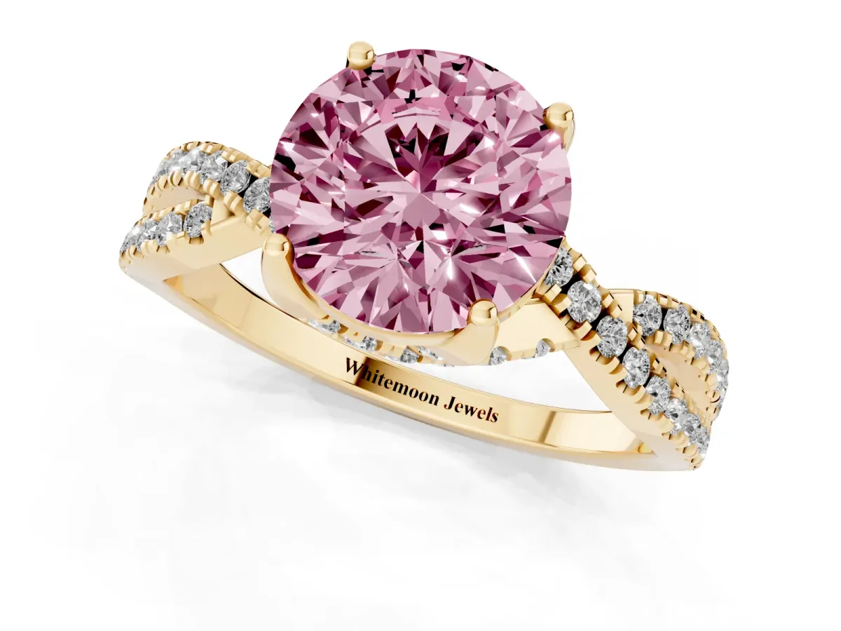 Fancy Pink Round Cut Solitaire Twist Pave Diamond Engagement Ring with Prong Setting Yellow gold