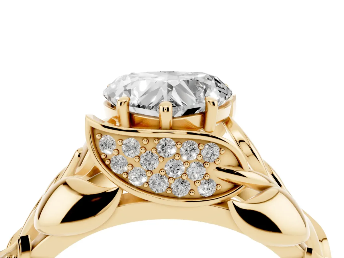 Heart Cut Diamond Leaf-Inspired Engagement Ring with Round Accents and Prong Setting Yellow gold