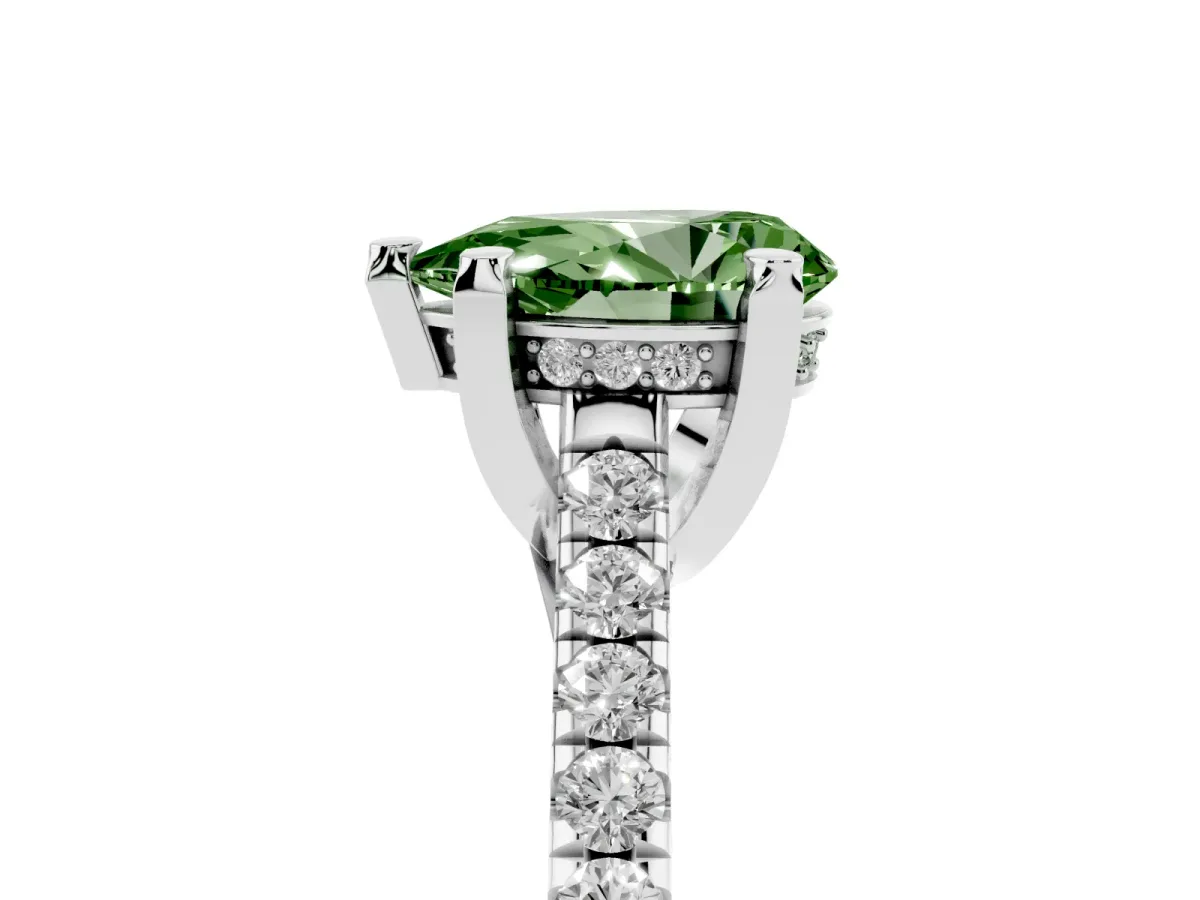 Fancy Green Pear Cut Brilliant Diamond Solitaire with Pavé Band and Four-Prong Setting Silver