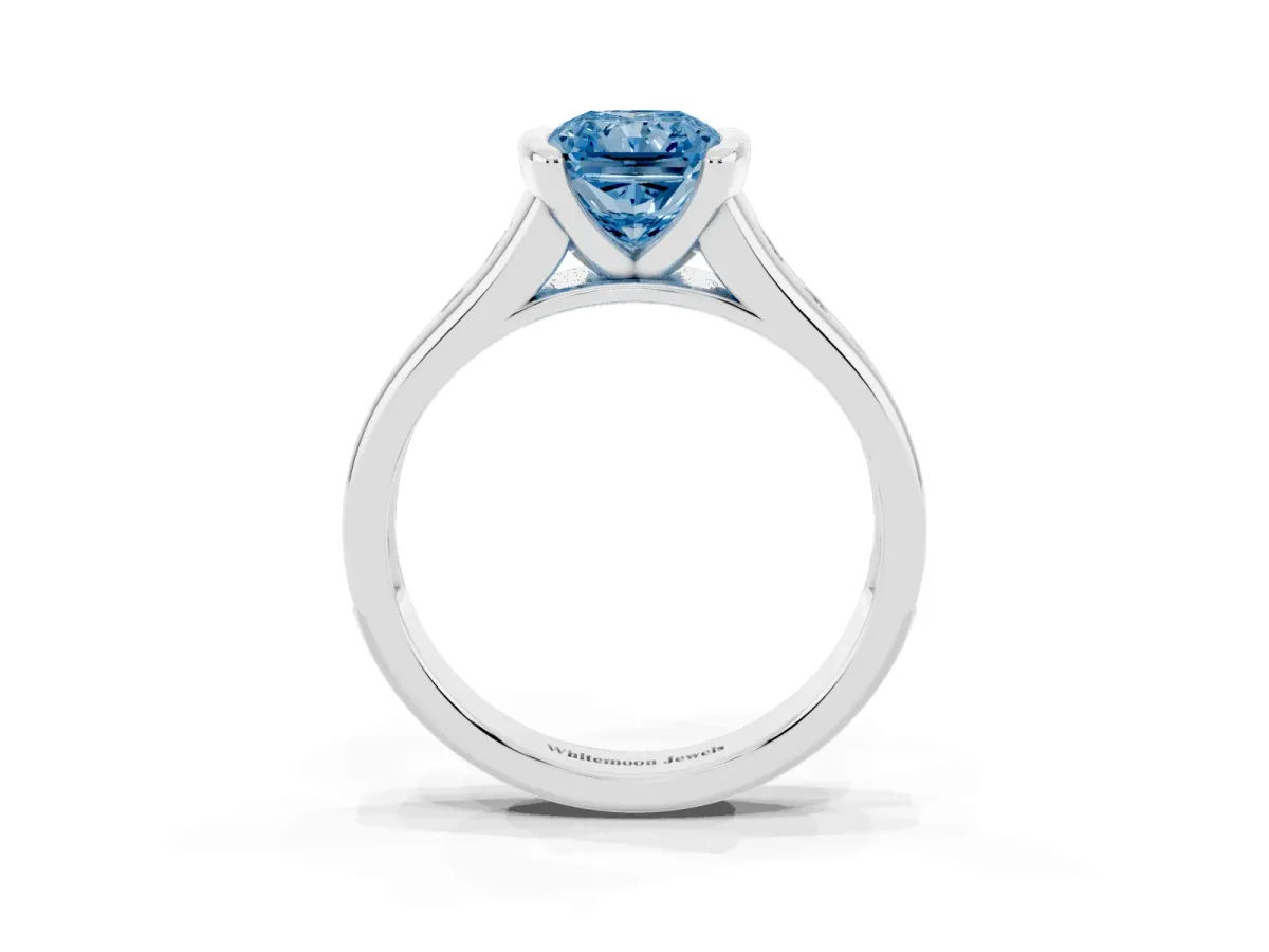 Fancy Blue Radiant Cut Solitaire Bezel-Set Diamond Ring with Channel-Set Band Silver