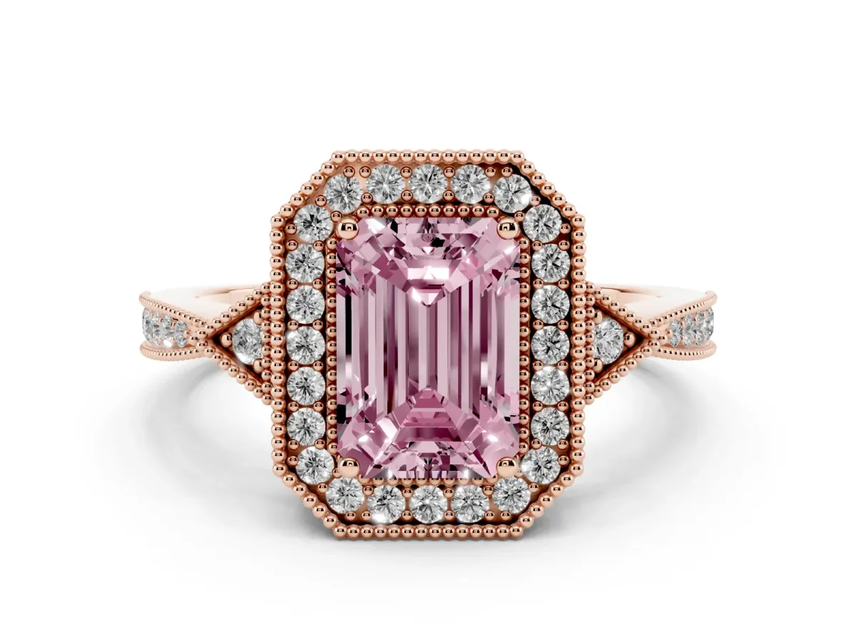 Fancy Pink Emerald Cut Halo Round Diamond Milgrain Pave Engagement Ring Rose gold