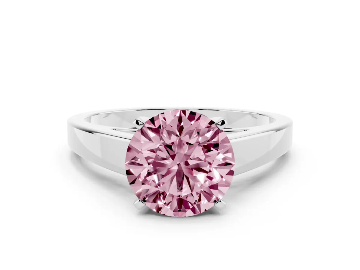Fancy Pink Round Cut Solitaire Engagement Ring with Four-Prong Setting and Tapered Band Silver