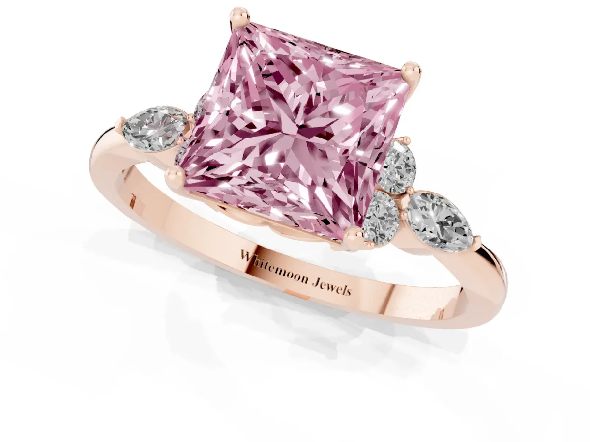 Fancy Pink Princess Cut Brilliant Diamond Solitaire Ring with Pear Side Stones and Four-Prong Setting Rose gold