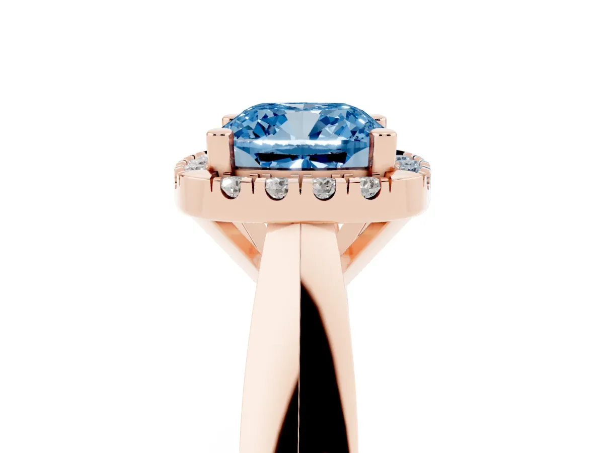 Fancy Blue Cushion Cut Cut Halo Solitaire Engagement Ring with Square Band and Four-Prong Setting Rose gold
