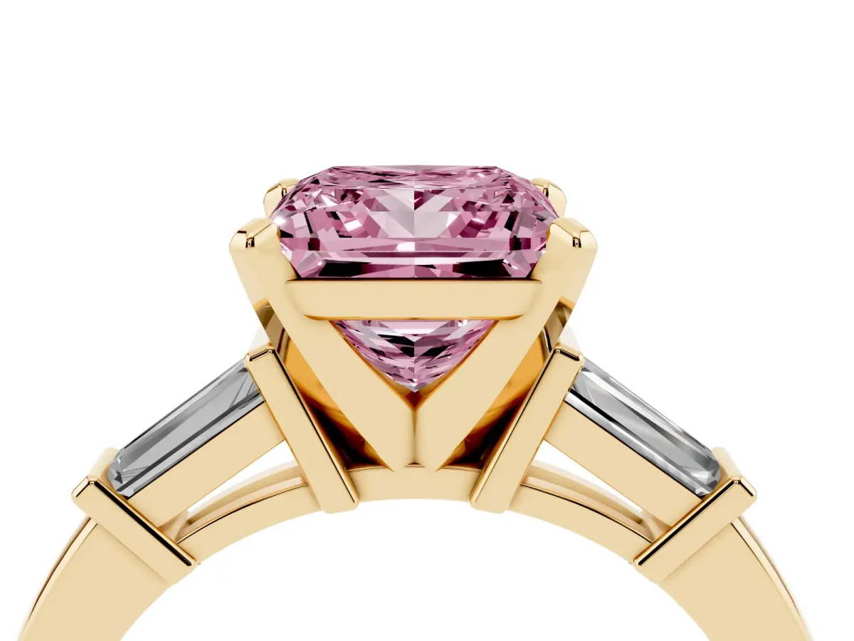 Fancy Pink Princess Cut Cut Diamond Solitaire Ring with Tapered Baguette Accents and Four-Prong Setting Yellow gold
