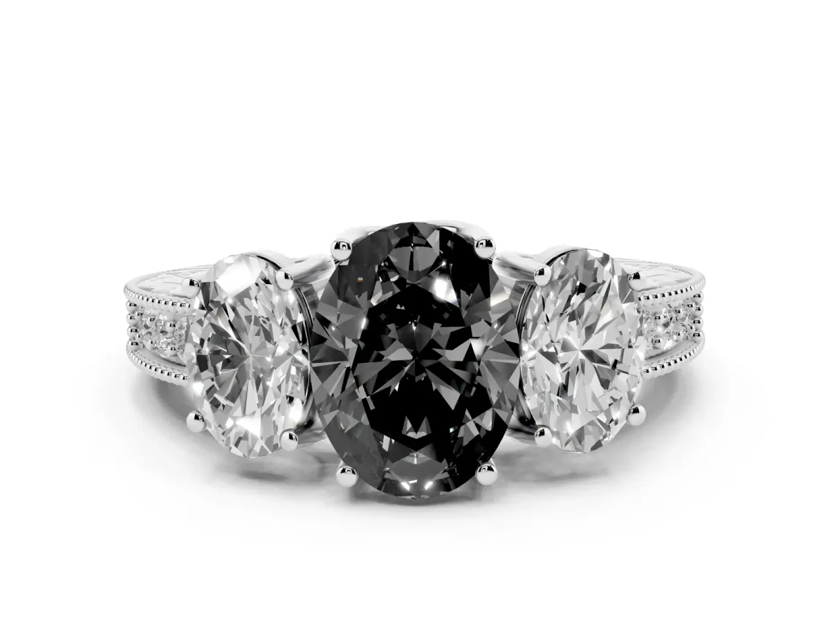 Fancy Black Three-Stone Oval Cut Cut Milgrain Pavé Engagement Ring White gold