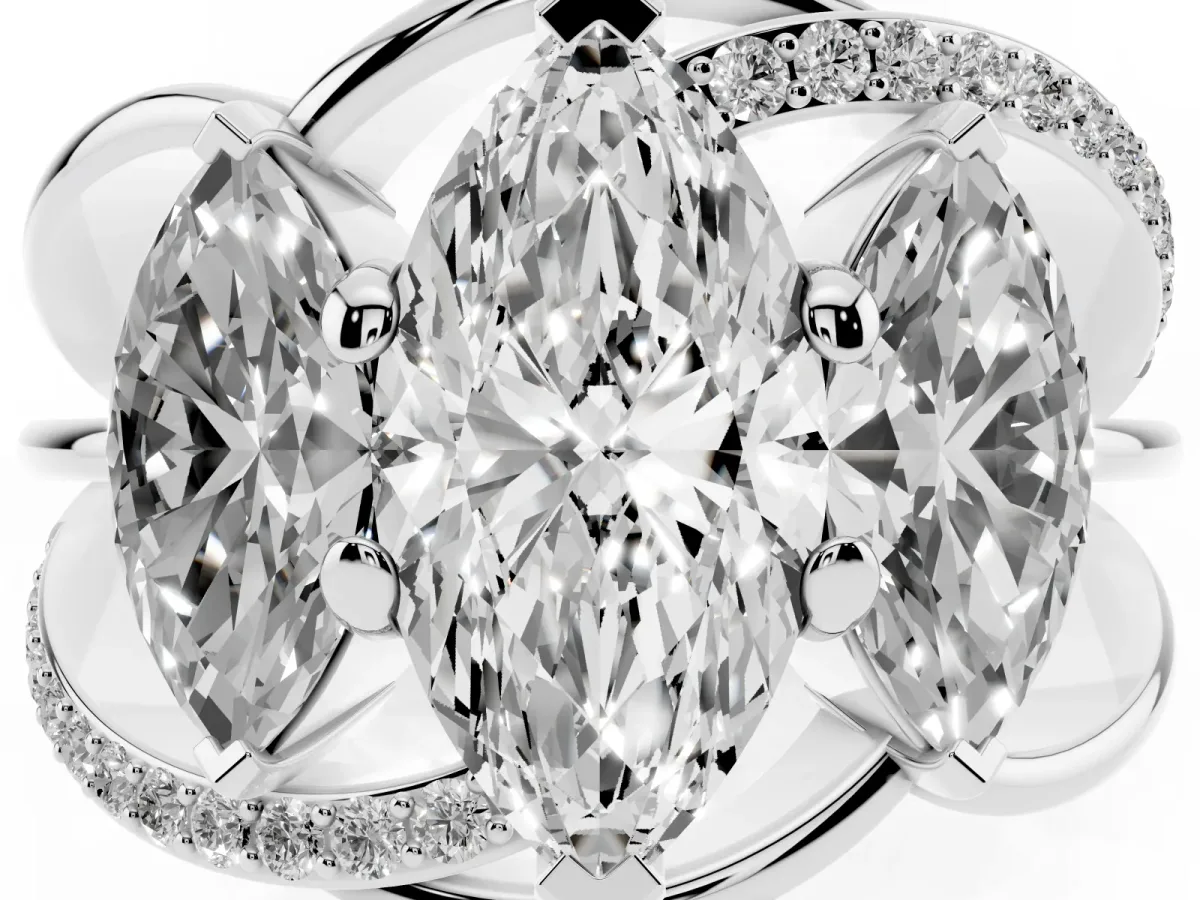 Three-Stone Marquise Cut Cut Diamond Split Shank Prong Set Ring Platinum