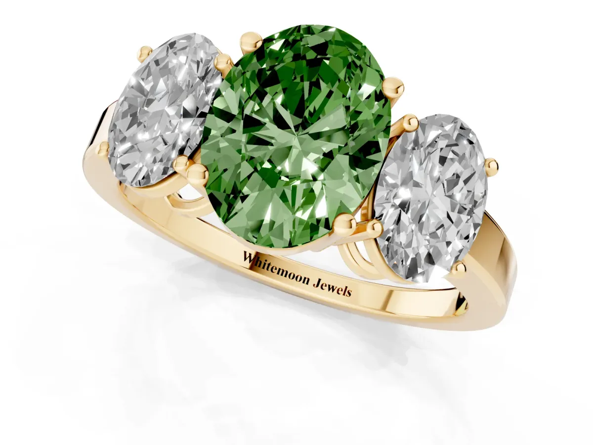 Fancy Green Three-Stone Oval Cut Cut Diamond Engagement Ring with Flat Band and Four-Prong Setting Yellow gold