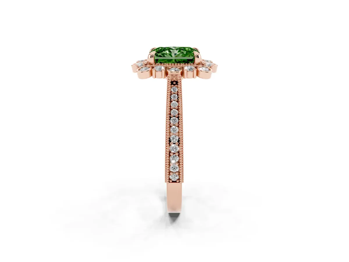 Fancy Green Radiant Cut Halo Milgrain Pave Diamond Ring with Four-Prong Setting Rose gold