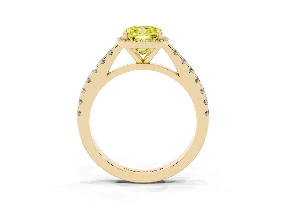 Fancy Yellow Cushion Cut Cut Halo Diamond Engagement Ring with Pave Band and Four-Prong Setting Yellow gold