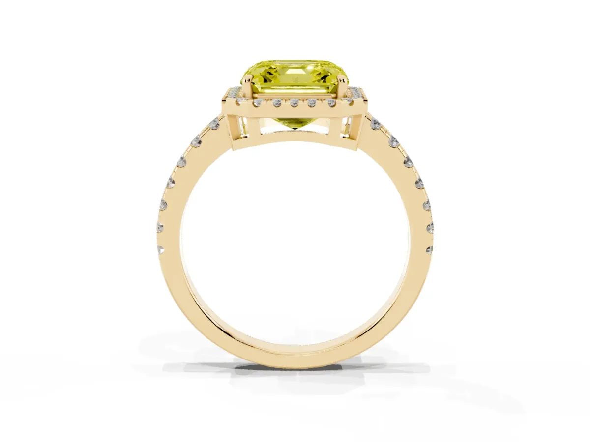 Fancy Yellow Asscher Cut Diamond Halo Ring with Pavé Band and Four-Prong Setting Yellow gold