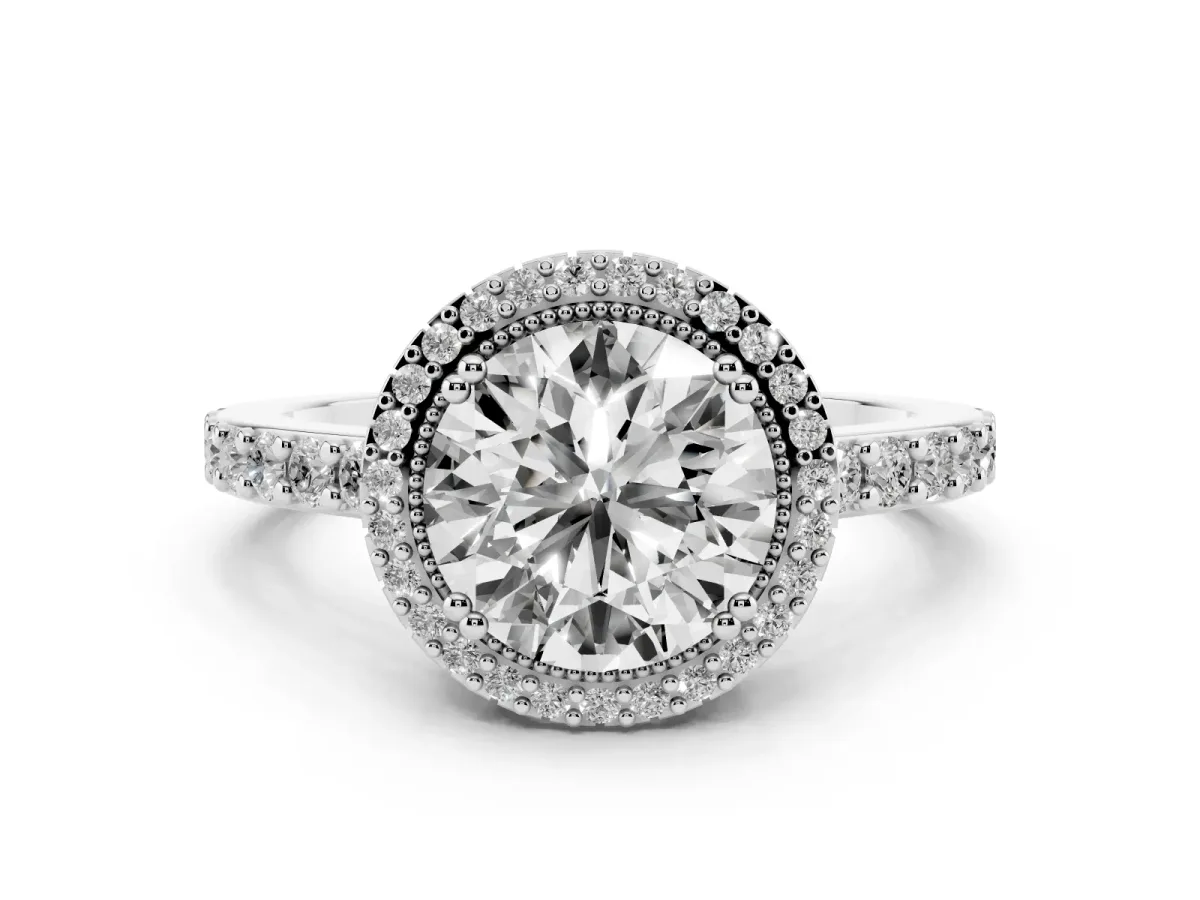 Round Cut Cut Diamond Halo Engagement Ring with Milgrain Detail and Pavé Band Silver