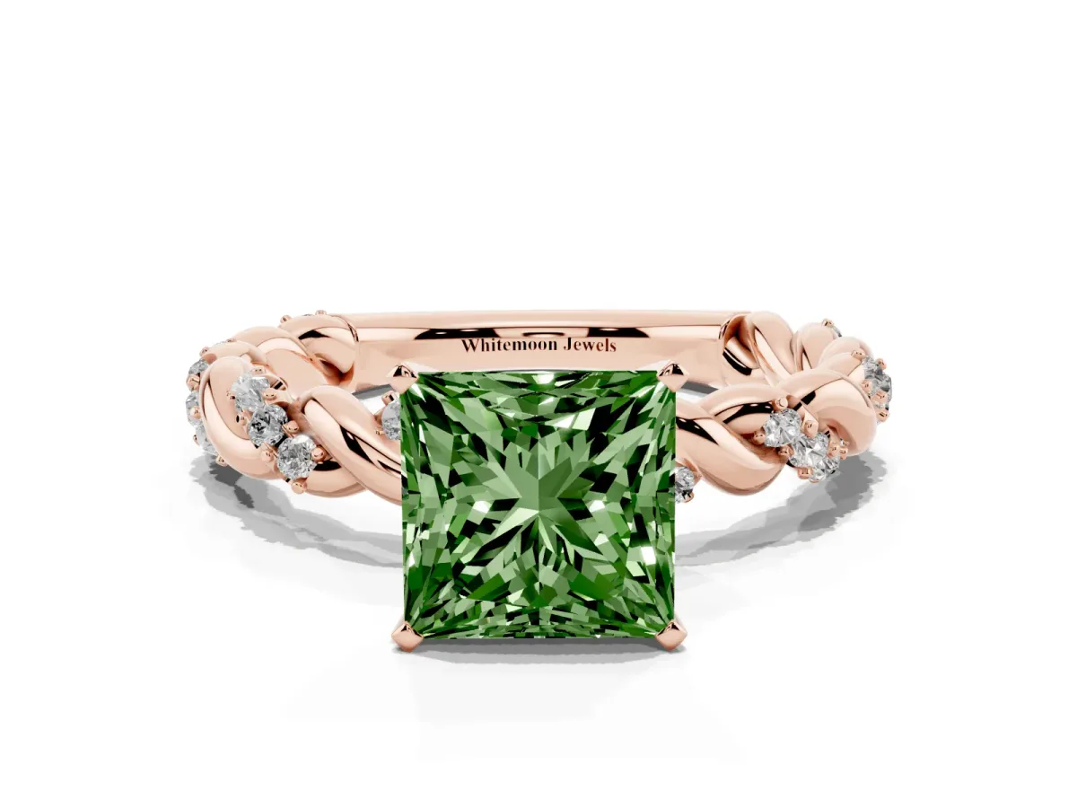 Fancy Green Princess Cut Diamond Solitaire Ring with Twisted Band and Pavé Accents Rose gold