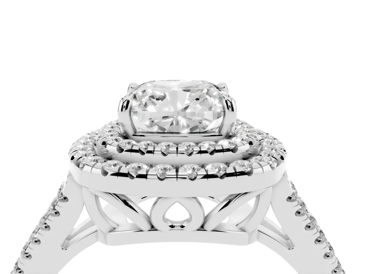 Cushion Cut Diamond Double Halo Ring with Pavé Band and Prong Setting Platinum