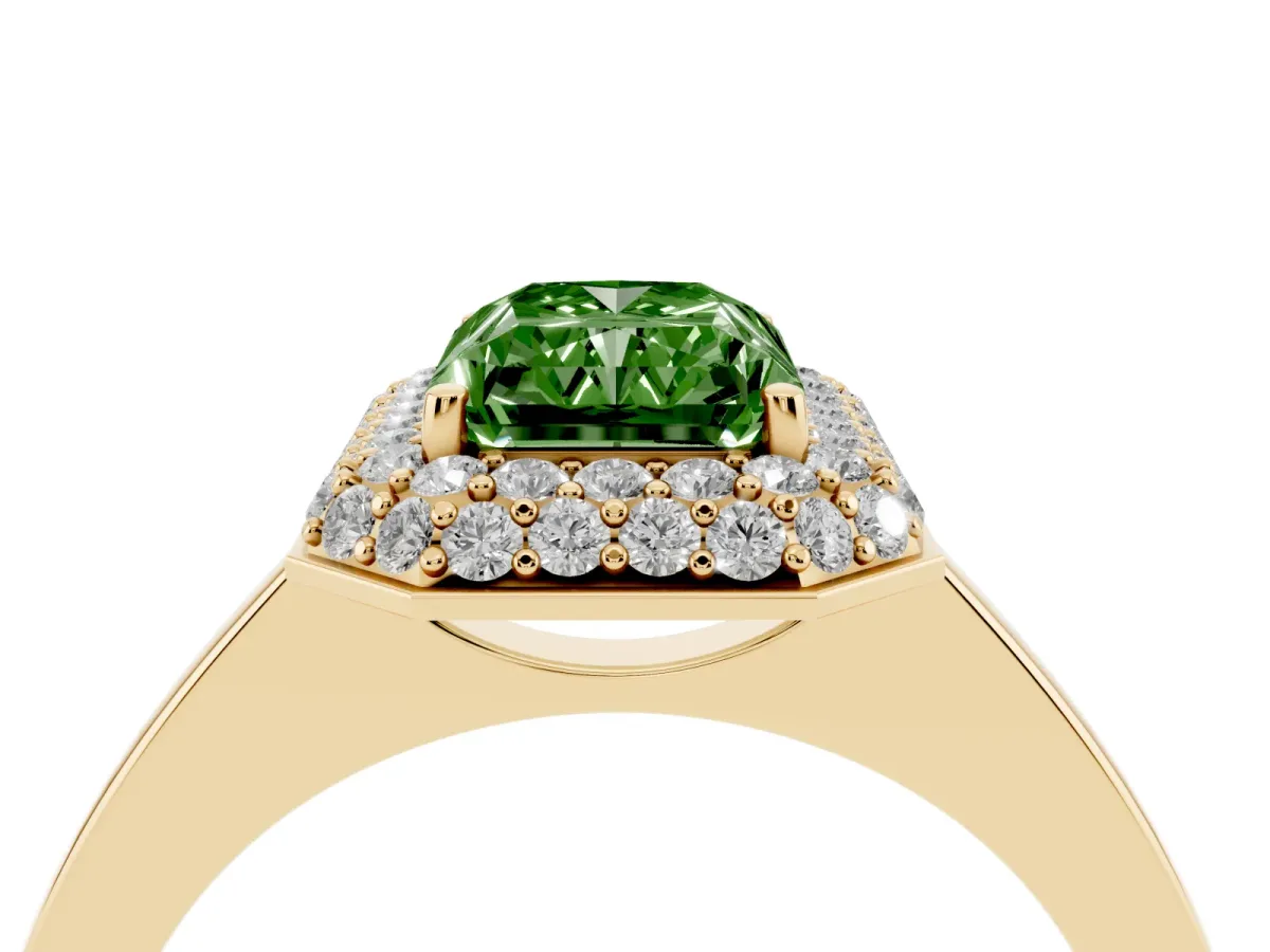 Fancy Green Radiant Cut Halo Diamond Engagement Ring with Solitaire Band and Four-Prong Setting Yellow gold