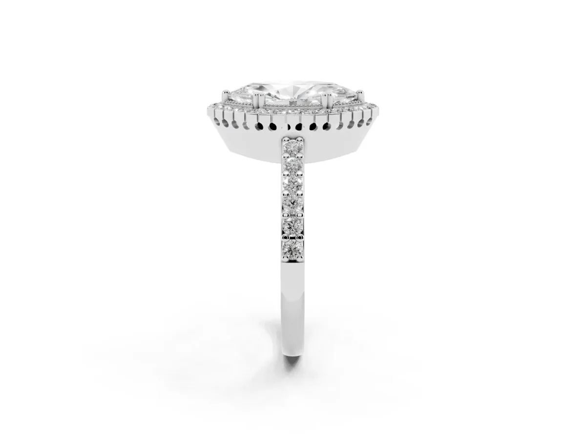 Marquise Cut Cut Diamond Halo Engagement Ring with Milgrain Detail and Pavé Band White gold