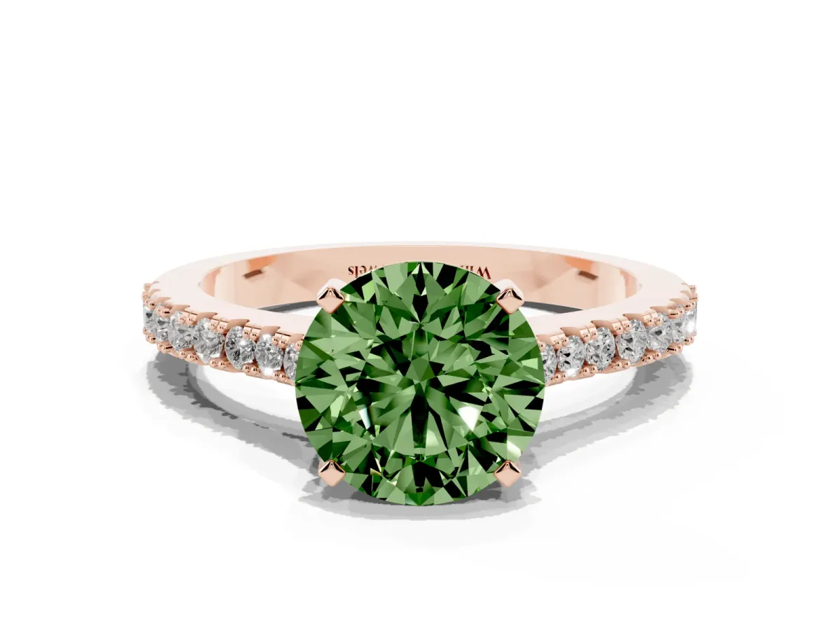 Fancy Green Round Cut Cut Solitaire Diamond Engagement Ring with Pave Band and Four-Prong Setting Rose gold