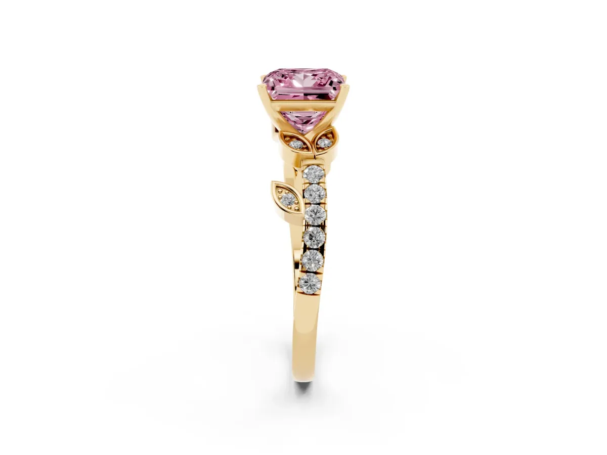 Fancy Pink Princess Cut Solitaire Leaf-Inspired Diamond Ring with Pavé Band and Four-Prong Setting Yellow gold
