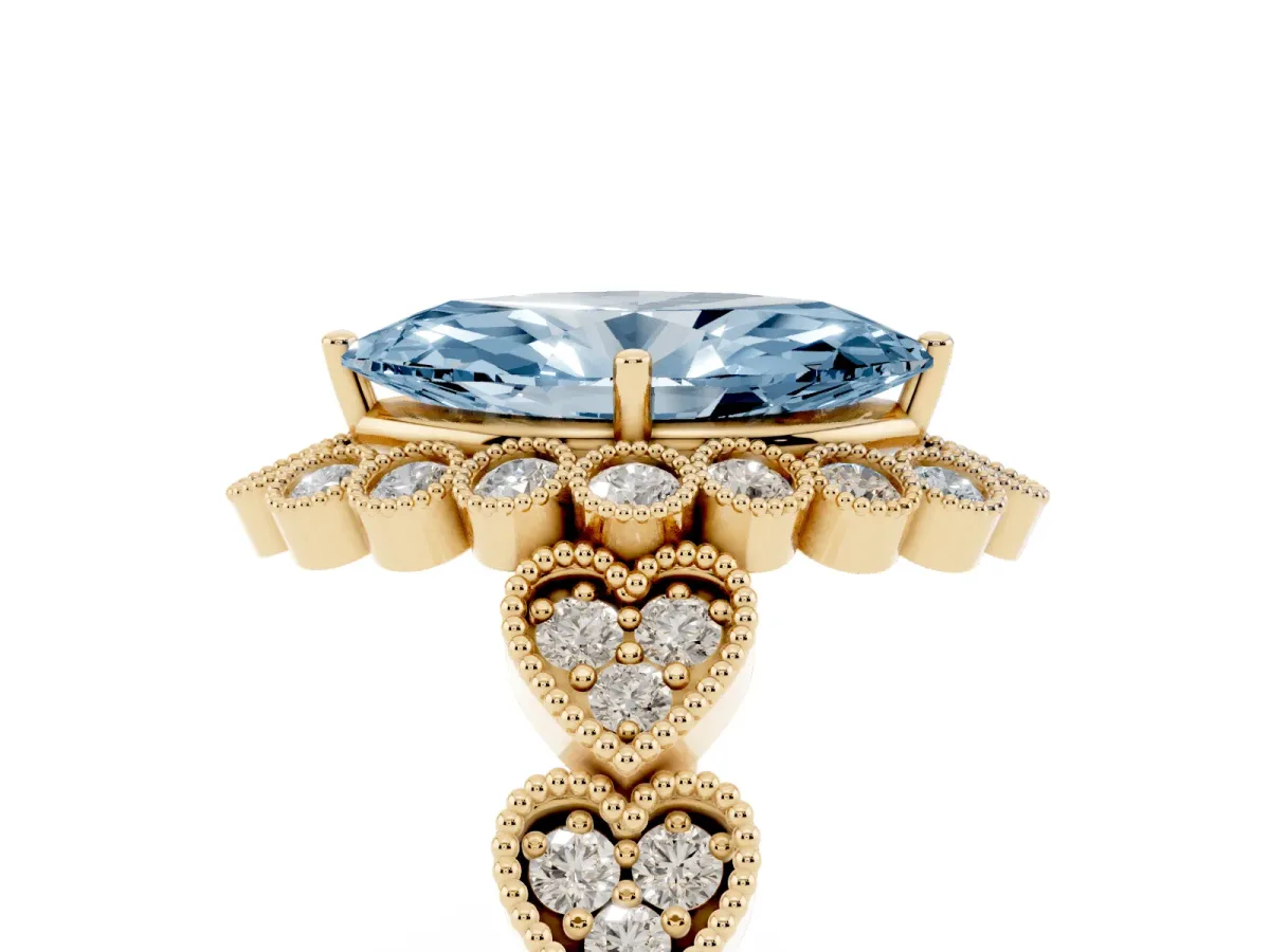 Fancy Blue Marquise Cut Brilliant Milgrain Pave Heart Band Solitaire Ring Yellow gold