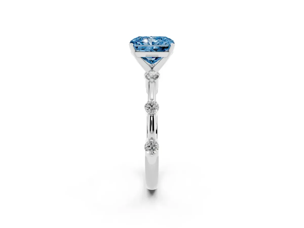 Fancy Blue Radiant Cut Solitaire Diamond Ring with Bezel Set Side Stones and Prong Setting Silver