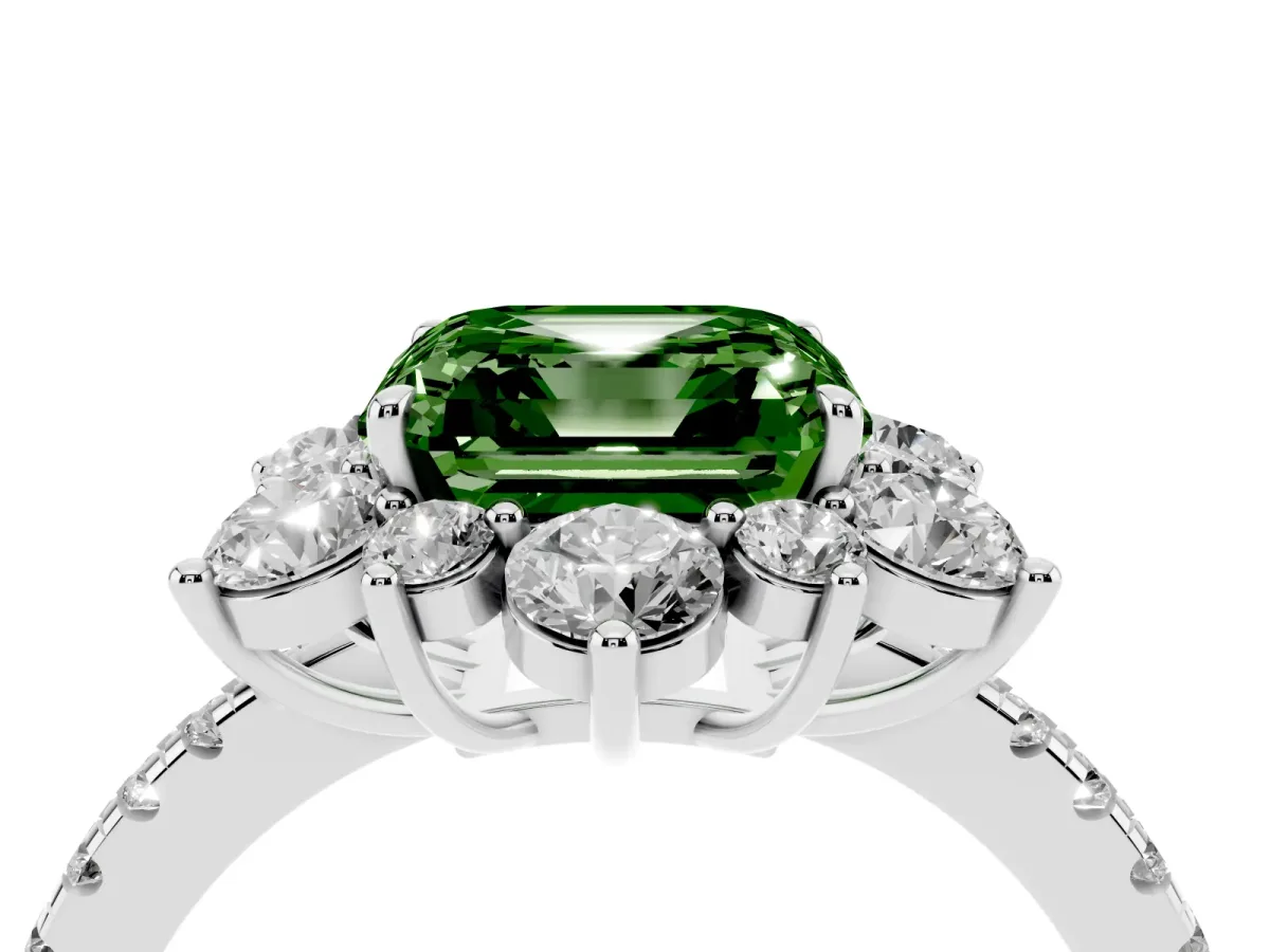 Fancy Green Asscher Cut Diamond Floral Halo Ring with Round Pavé Band and Prong Setting Platinum