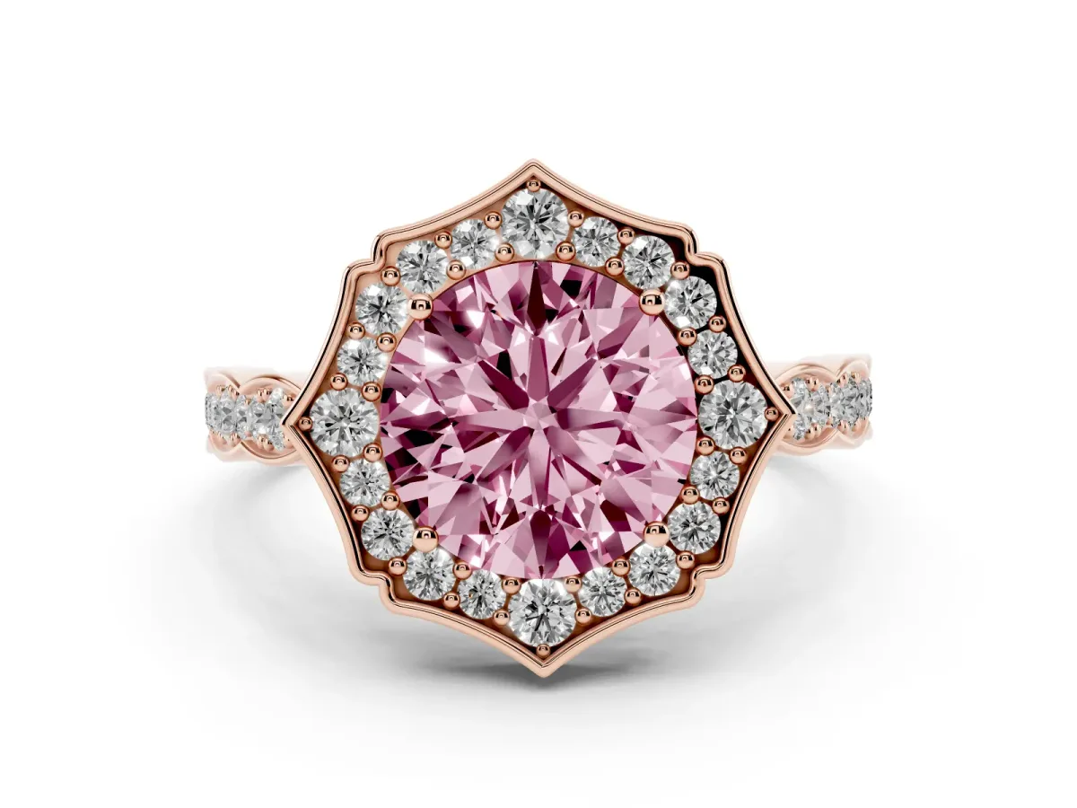 Fancy Pink Round Cut Halo Diamond Engagement Ring with Milgrain Band and Four-Prong Setting Rose gold