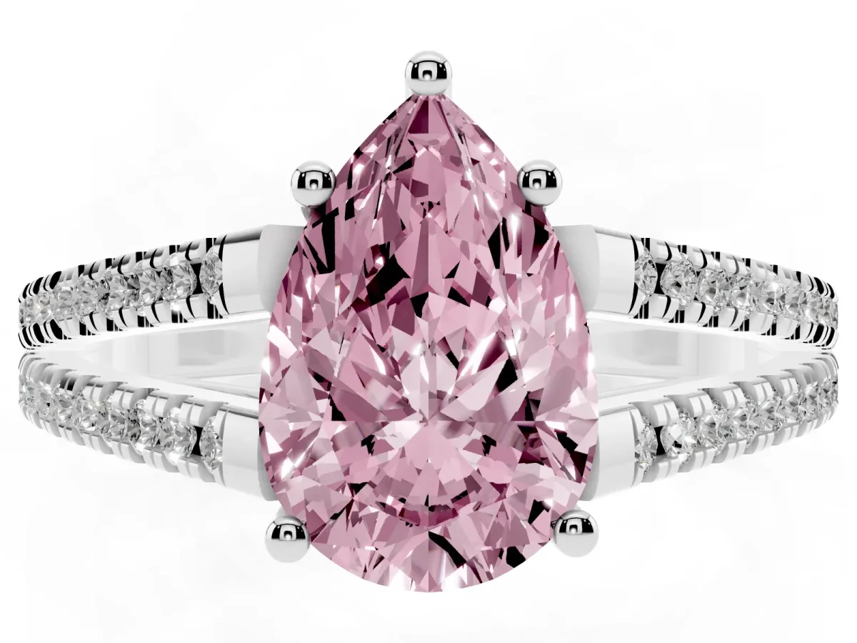 Fancy Pink Pear Cut Diamond Solitaire Engagement Ring with Split Shank Pavé Band Silver