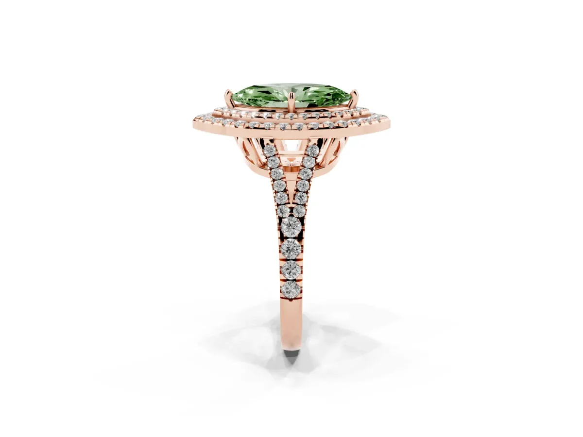 Fancy Green Marquise Cut Diamond Double Halo Ring with Pavé Band and Prong Setting Rose gold