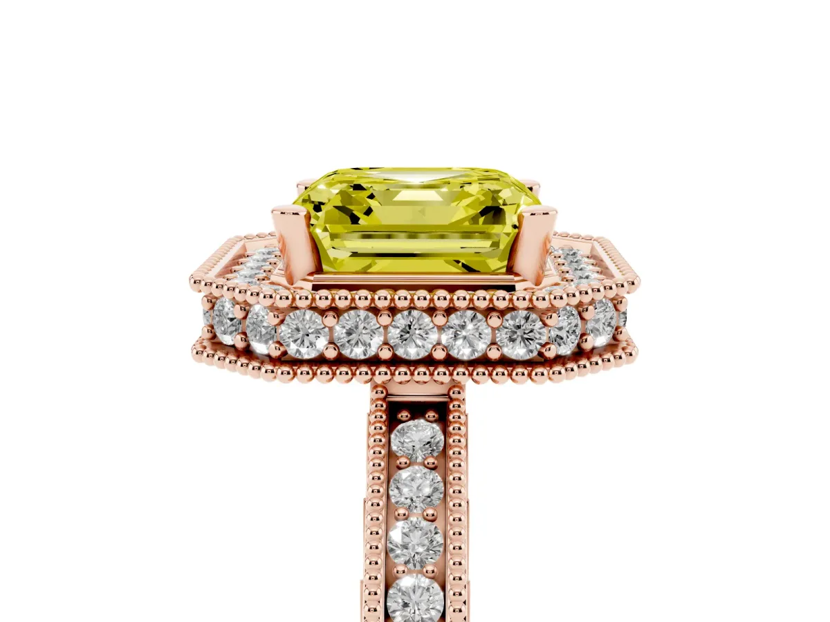 Fancy Yellow Asscher Cut Diamond Milgrain Halo Engagement Ring with Round Pavé Band and Prong Setting Rose gold