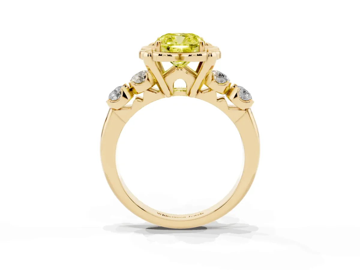 Fancy Yellow Cushion Cut Cut Diamond Floral Halo Engagement Ring with Shared Prong Setting Yellow gold