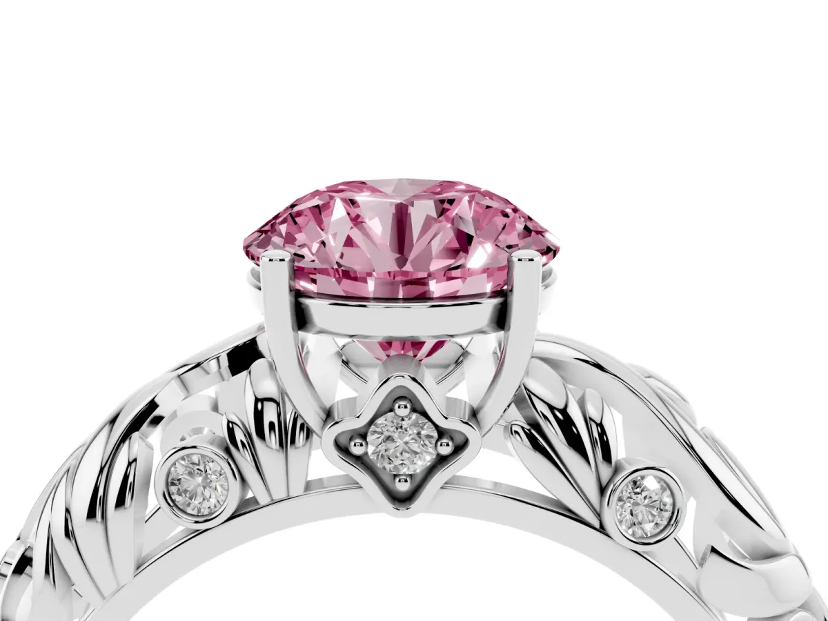 Fancy Pink Round Cut Solitaire Diamond Leaf-Inspired Vine Band Ring with Prong Setting Silver