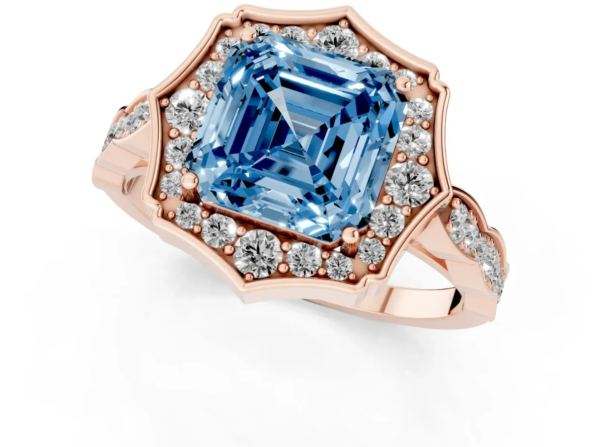 Fancy Blue Asscher Cut Halo Diamond Engagement Ring with Milgrain Band and Four-Prong Setting Rose gold