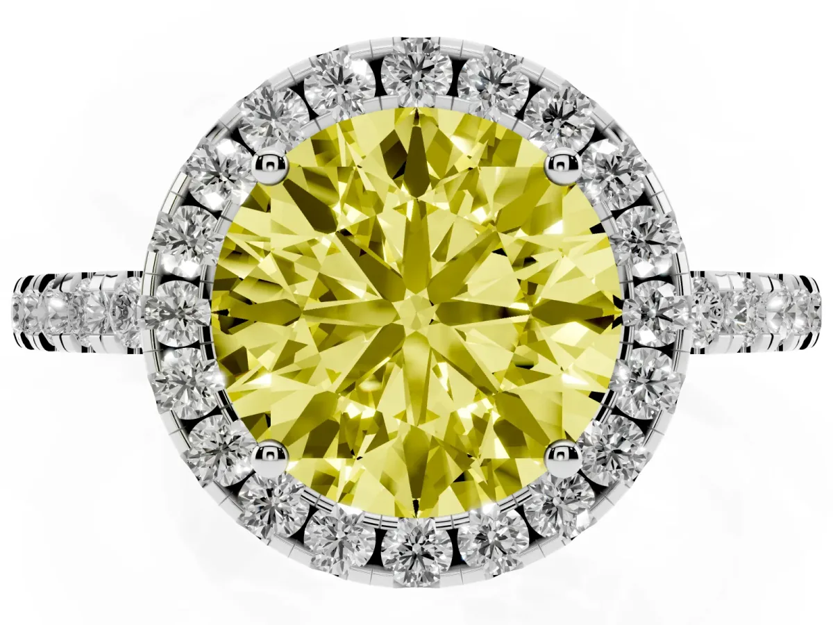 Fancy Yellow Round Cut Halo Diamond Engagement Ring with Pavé Band and Four-Prong Setting Silver