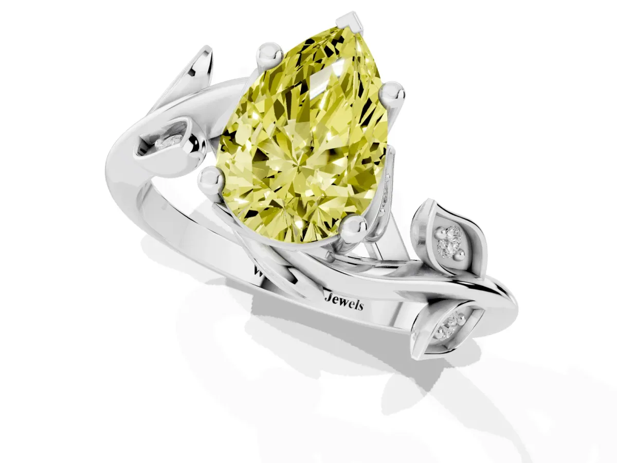 Fancy Yellow Pear Cut Solitaire Twist Engagement Ring with Leaf Accents and Prong Setting Silver