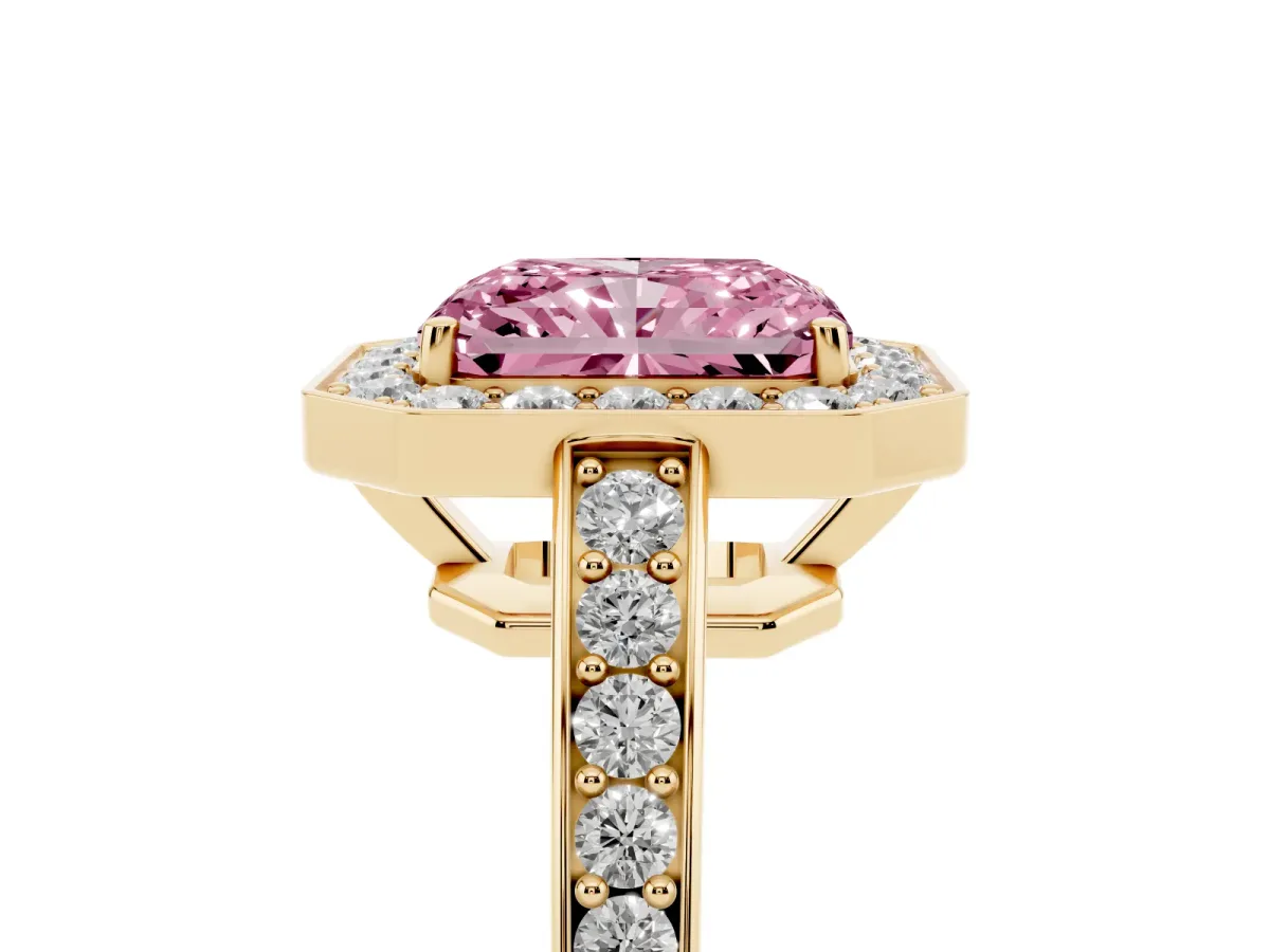 Fancy Pink Radiant Cut Halo Pavé Diamond Engagement Ring with Bezel Setting Yellow gold