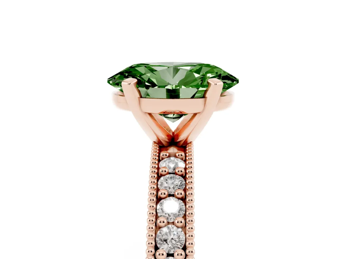 Fancy Green Oval Cut Diamond Milgrain Pavé Engagement Ring with Four-Prong Setting Rose gold