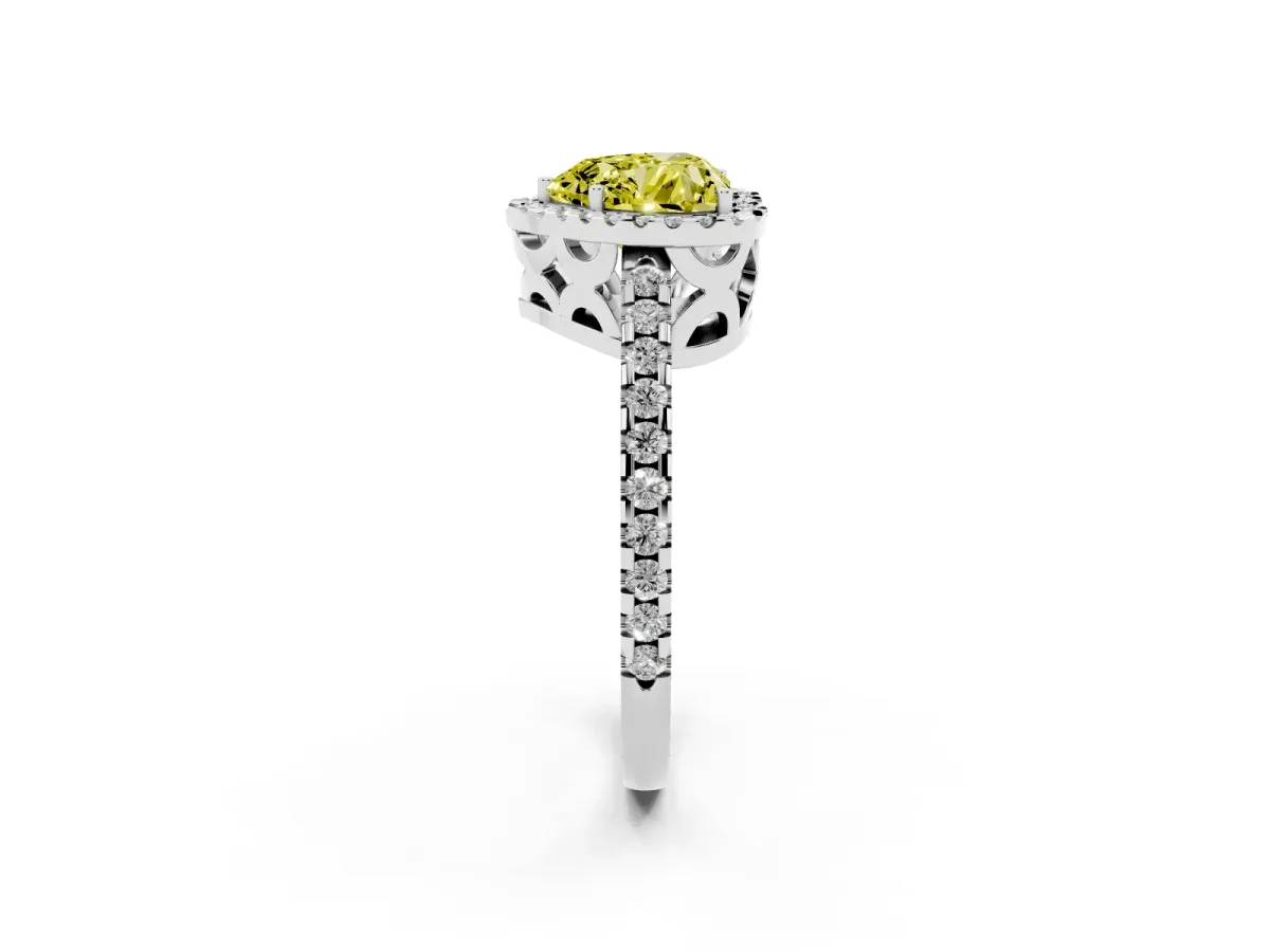 Fancy Yellow Heart Cut Diamond Halo Engagement Ring with Pavé Band and Prong Setting White gold